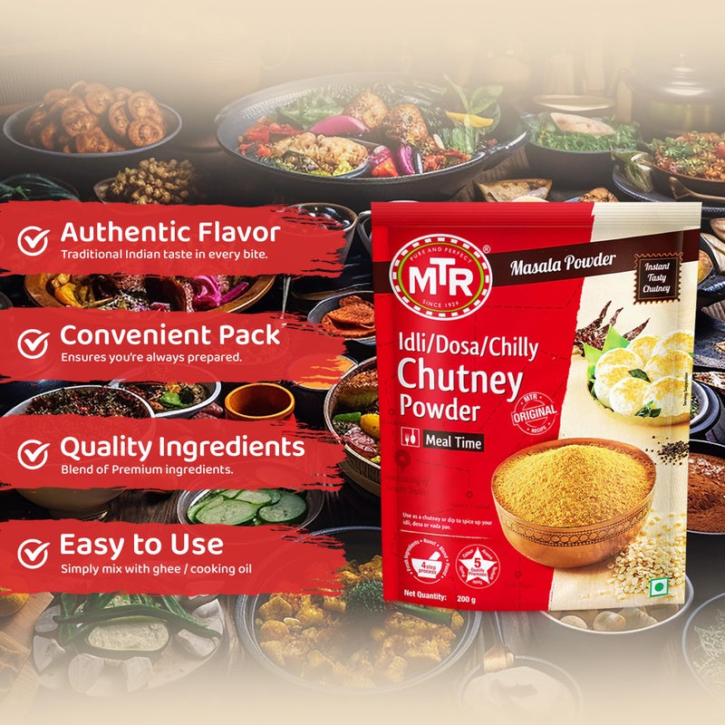 MTR Spiced Chutney Powder - Indian Spice Blend with Black gram dal, Red Chilli, Curry Leaves, Mustard, and Asafoetida - Instant and Easy to use - Ideal for Meal Time - 200g - Image 2